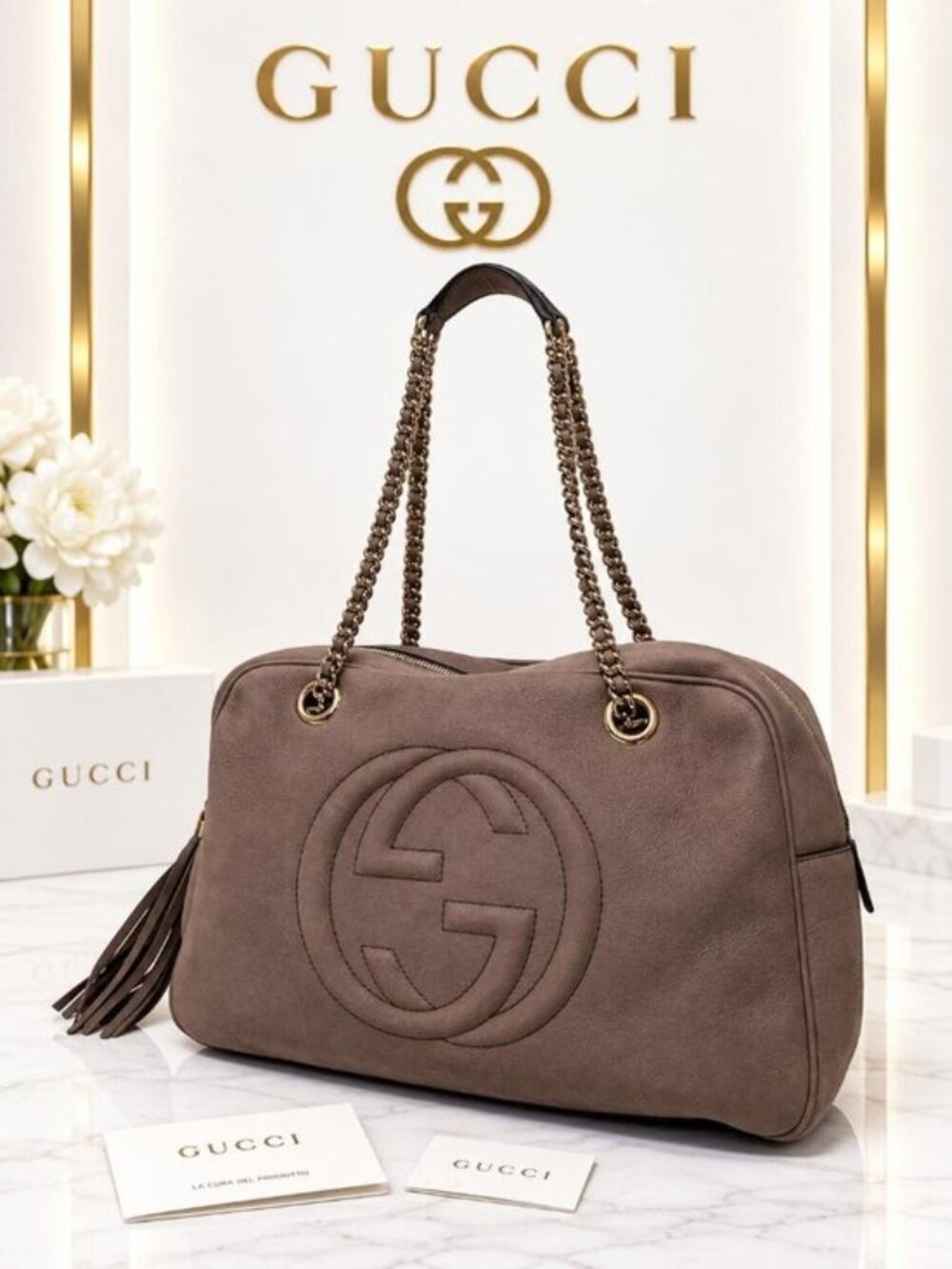 Authentic Gucci Soho Chain Shoulder Bag Taupe Leather GG Logo Tassel Luxury Tote